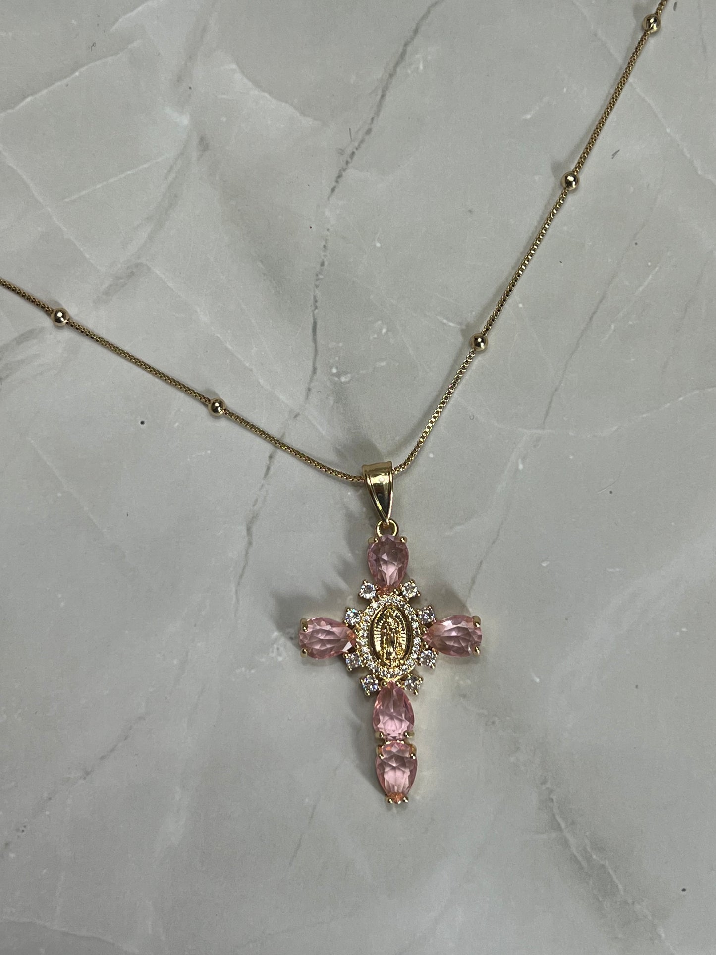 Pink Cross & Mary Necklace