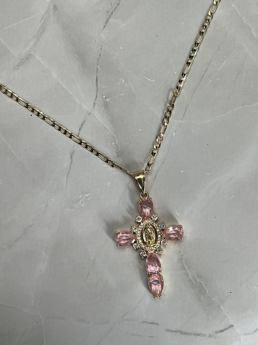 Pink Cross & Mary Necklace