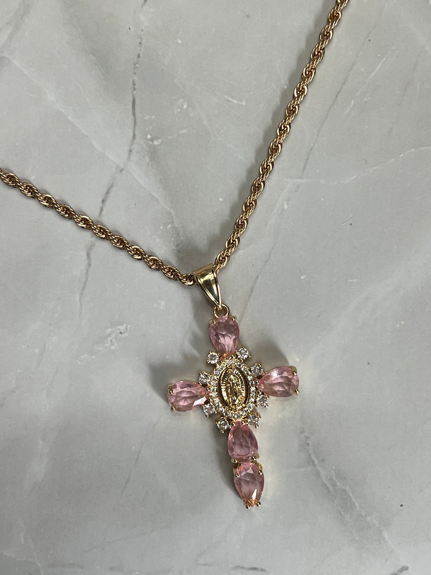 Pink Cross & Mary Necklace